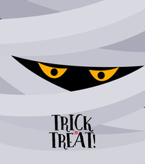 Mummy with orange eye. Trick or treat lettering, Happy Halloween day. Vector illustration, design for invitation, greeting card, poster, banner.