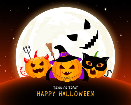 Funny cute cartoon pumpkin character. witch, devil and black cat in moon night.  Trick or treat, happy Halloween concept. Design for banner, poster, greeting card. Illustration.