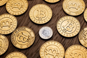 Bitcoin coins & One pound sterling