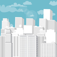 White cityscape with blue sky. Vector cartoon illustration.