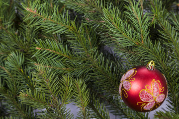 Fototapeta na wymiar Christmas decorations on spruce branches.