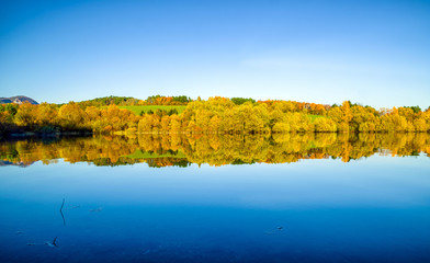 Reflection of autumn trees on lake