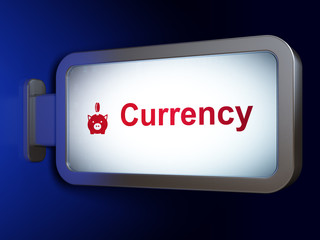 Currency concept: Currency and Money Box With Coin on advertising billboard background, 3D rendering