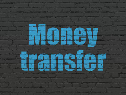 Money concept: Painted blue text Money Transfer on Black Brick wall background
