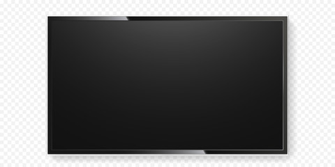 LCD TV screen isolated on transparent background. Vector flat black television panel with glass border. Realistic 3D blank LED smart hdtv display with mat texture surface. Smart TV mockup model - obrazy, fototapety, plakaty