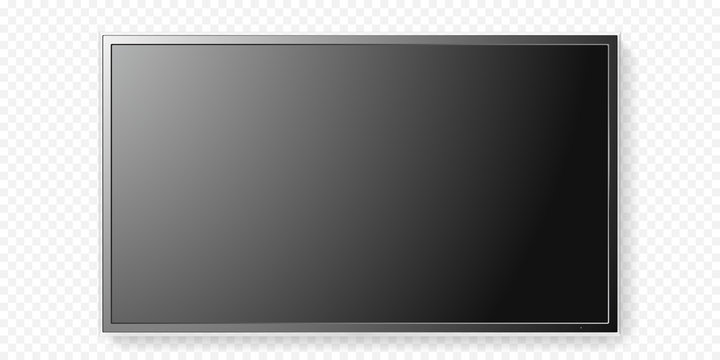 LCD TV screen isolated on transparent background. Vector flat black television panel with glass border. Realistic 3D blank LED smart hdtv display with mat texture surface. Smart TV mockup model
