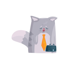 Cute tired businessman cat with briefcase, funny animal character cartoon vector Illustration