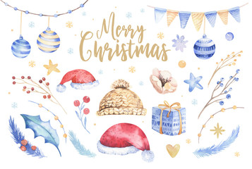 Merry Christmas watercolor set with floral elements. Happy New Year lettering poster collection. Winter flowers, gift, christmas hat and branch bouquets decoration.