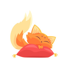 Funny red kitten sleeping on a pillow, cute cartoon animal character vector Illustration