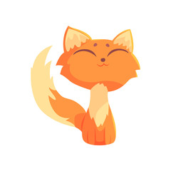 Funny red kitten sitting on the floor with closed eyes, cute cartoon animal character vector Illustration