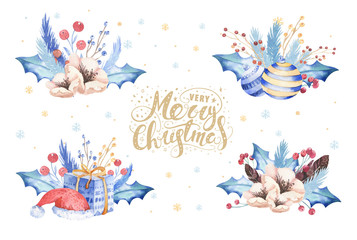 Merry Christmas watercolor bouquets card with floral elements. Happy New Year lettering posters. Winter flower holy jolly decoration.