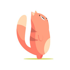 Funny red cat standing up and looking up, cute cartoon animal character vector Illustration