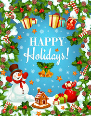 Christmas greeting card of snowman with gift bag