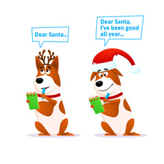 Funny cartoon dog set. Xmas flat character wearing deer horns and Santa hat writes a letter to Santa Claus Terrier with pencil and notepad. Christmas vector illustration for Christmas or New Year 2018