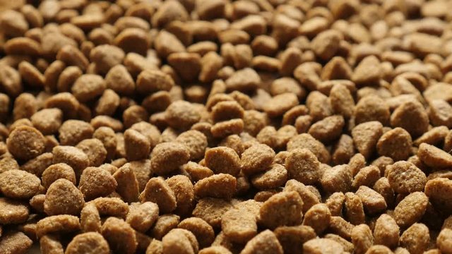 Slow tilt on pile of pet dry food footage - Extruded pellet meal for domestic animals 