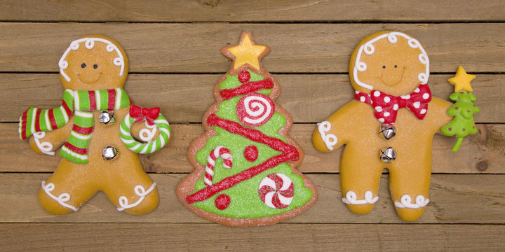 Christmas Gingerbread Cookies on a Wooden Table