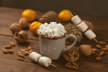 Hot chocolate with marshmallow candies, winter new year still life, toned photo