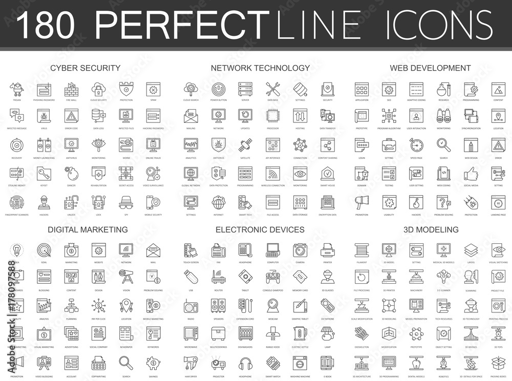 Poster 180 modern thin line icons set of cyber security, network technology, web development, digital marke