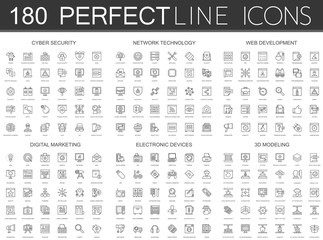 180 modern thin line icons set of cyber security, network technology, web development, digital marketing, electronic devices, 3d modeling.