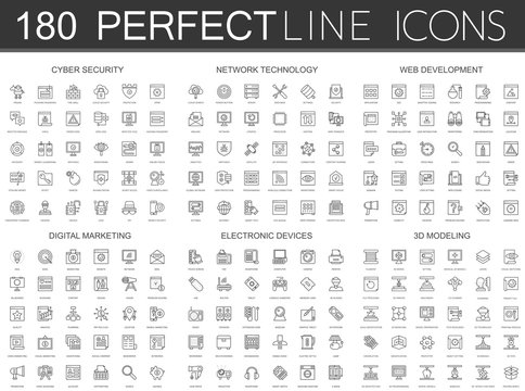 180 Modern Thin Line Icons Set Of Cyber Security, Network Technology, Web Development, Digital Marketing, Electronic Devices, 3d Modeling.