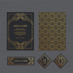 Luxury wedding invitation or greeting card with geometric ornament. Art Deco style. Paper lace envelope template. Wedding invitation envelope mock-up for laser cutting. Vector illustration.