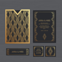Luxury wedding invitation or greeting card with geometric ornament. Art Deco style. Paper lace envelope template. Wedding invitation envelope mock-up for laser cutting. Vector illustration.