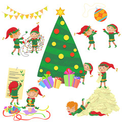Vector illustration of small cute elves decorating Christmas tree set. - obrazy, fototapety, plakaty