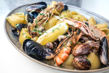 closeup mix seafood soup pot