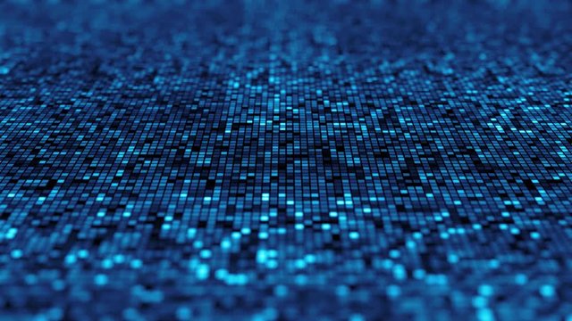 3d Monochromatic abstract background. Bright glitter background of mosaic. Elegant illustration. Digital glowing pixels on blured background. Interplay of waves and rectangle dots. Loopable animation