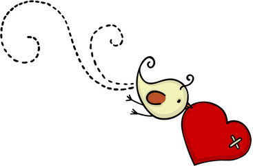 Little cute bird flying with red heart