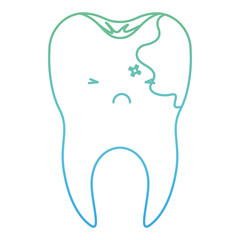 kawaii tooth with root and caries by side in degraded green to blue color contour