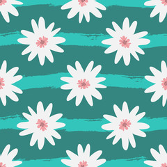 Fototapeta na wymiar Abstract white flowers on a striped turquoise background. Grunge, sketch, watercolour.