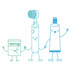 cartoon dental floss and electric toothbrush and toothpaste holding hands in degraded green to blue color contour