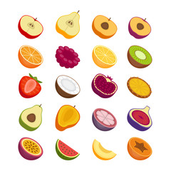 Fruits and berries icons set. Flat style, vector illustration.