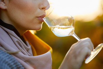 Close up of a woman tasting a glass of white wine in autumn vineyard