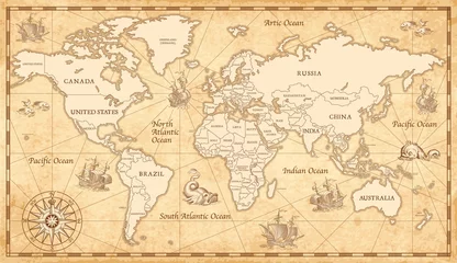 Stickers pour porte Carte du monde Ancienne carte du monde vintage