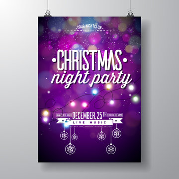 Vector Merry Christmas Party Design with Holiday Typography Elements and Light Garland on Shiny Background. Celebration Fliyer Illustration. EPS 10.