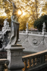 Autumn sunset view of the fountain of the twelve months, built in Valentino public park (Turin,...