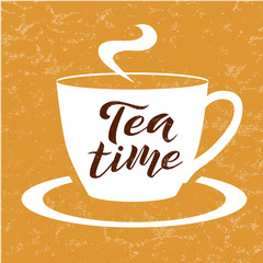 Tea time brown lettering text on orange textured background with tea cup, vector illustration. Tea calligraphy for logo, cafe, invitation, menu and postcards. Tea time vector design.