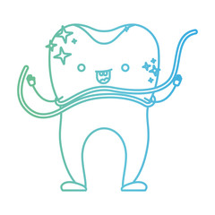 cartoon tooth with dental floss around in degraded green to blue color contour