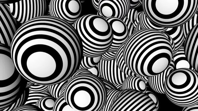 Abstract background with black and white spheres. Seamless loop