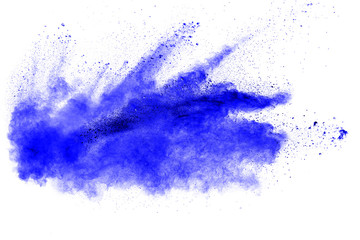 abstract blue powder splatted on white background.