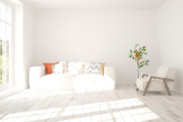 Idea of white minimalist room with sofa. Scandinavian interior design. 3D illustration