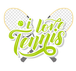 I love Tennis custom lettering text with tennis racets and ball on white background, vector illustration. Tennis calligraphy. Sport, fitness, activity vector design. Print for T-shirt and caps.