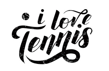 I love Tennis black lettering text with tennis ball on white textured background, vector illustration. Tennis calligraphy. Sport, fitness, activity vector design. Print for T-shirt and caps.