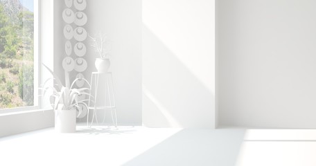 White empty room with summer landscape in window. Scandinavian interior design. 3D illustration