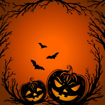 Halloween background. Scary tree twigs, flying bats and halloween pumpkin lanterns on orange background. Halloween Party design template. Vector.