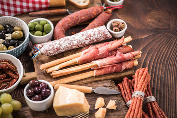 Spanish meat selection on wooden table