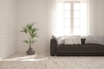 Idea of white minimalist room with sofa. Scandinavian interior design. 3D illustration