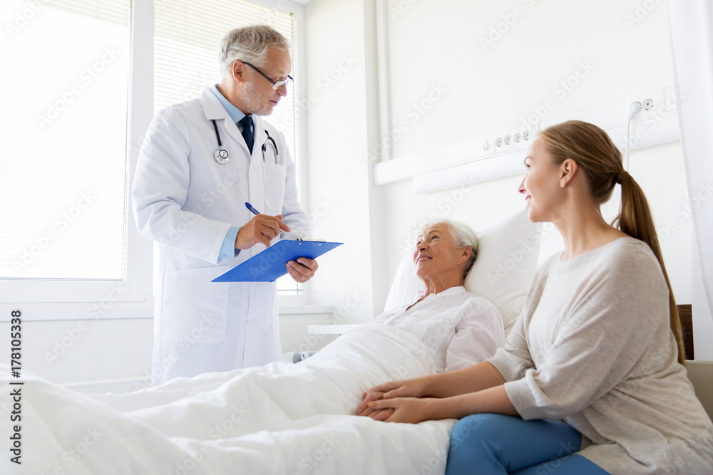 Poster senior woman and doctor with clipboard at hospital